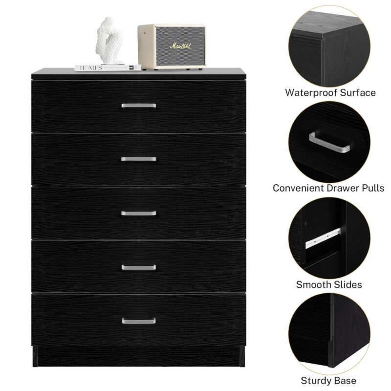 PAPROOS Black 5 Drawer Dresser, Chest of Drawers for Bedroom, Modern Storage Cabinet Dresser Organizer Unit with Handle for Living Room, Closet, Hallway, Nursery - Image 4