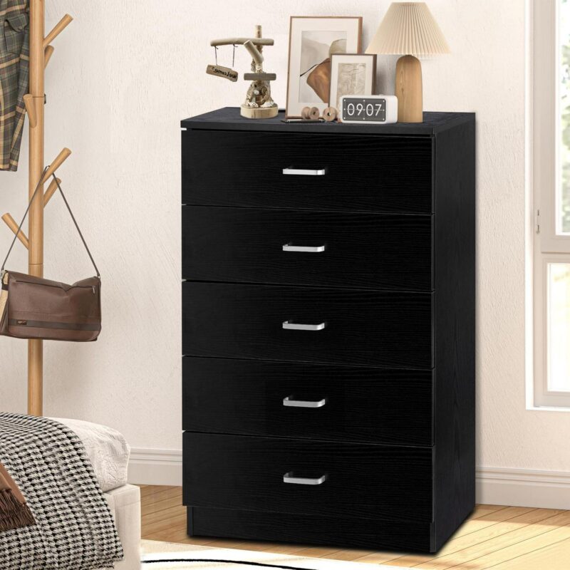 PAPROOS Black 5 Drawer Dresser, Chest of Drawers for Bedroom, Modern Storage Cabinet Dresser Organizer Unit with Handle for Living Room, Closet, Hallway, Nursery