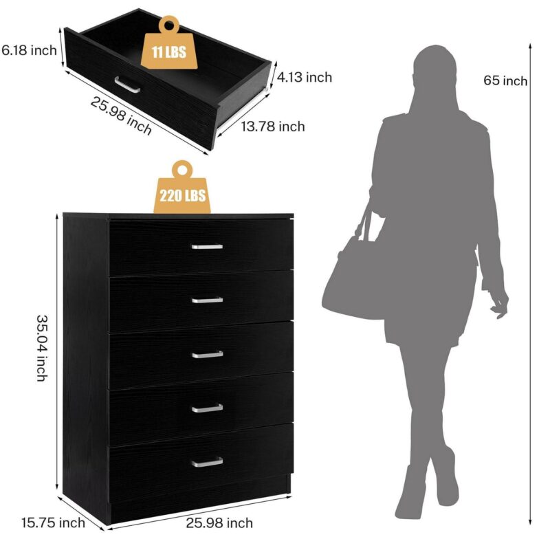 PAPROOS Black 5 Drawer Dresser, Chest of Drawers for Bedroom, Modern Storage Cabinet Dresser Organizer Unit with Handle for Living Room, Closet, Hallway, Nursery - Image 5