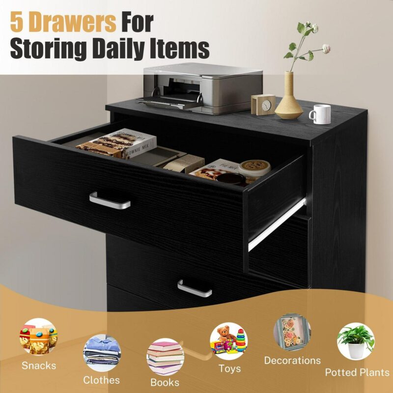 PAPROOS Black 5 Drawer Dresser, Chest of Drawers for Bedroom, Modern Storage Cabinet Dresser Organizer Unit with Handle for Living Room, Closet, Hallway, Nursery - Image 6