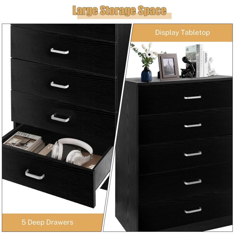 PAPROOS Black 5 Drawer Dresser, Chest of Drawers for Bedroom, Modern Storage Cabinet Dresser Organizer Unit with Handle for Living Room, Closet, Hallway, Nursery - Image 3