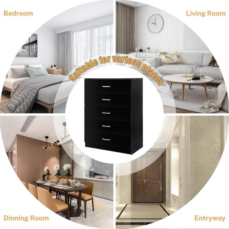 PAPROOS Black 5 Drawer Dresser, Chest of Drawers for Bedroom, Modern Storage Cabinet Dresser Organizer Unit with Handle for Living Room, Closet, Hallway, Nursery - Image 8