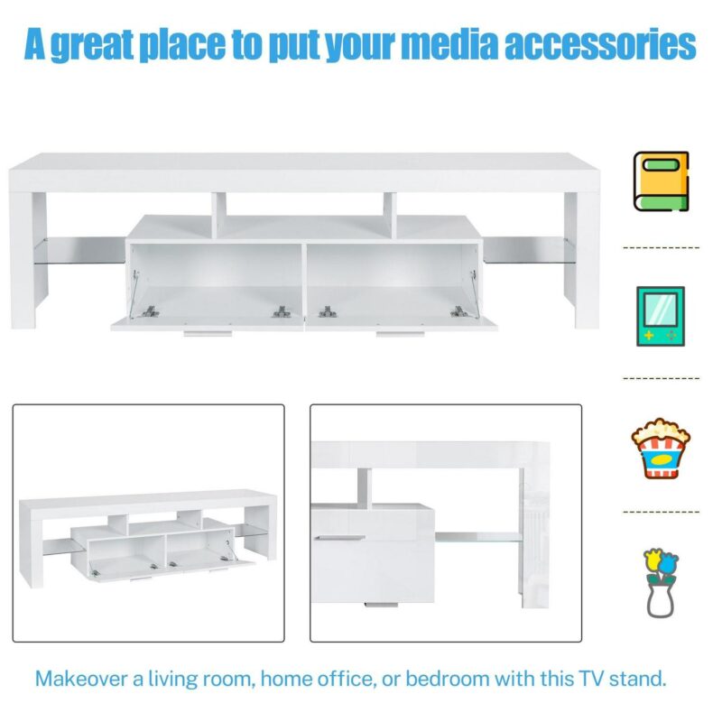 PAPROOS TV Stand for TVs up to 70 , High Gloss TV Cabinet with LED Light, Modern TV Console Table with Storage Drawers, Media Television Stand Entertainment Center, White - Image 6