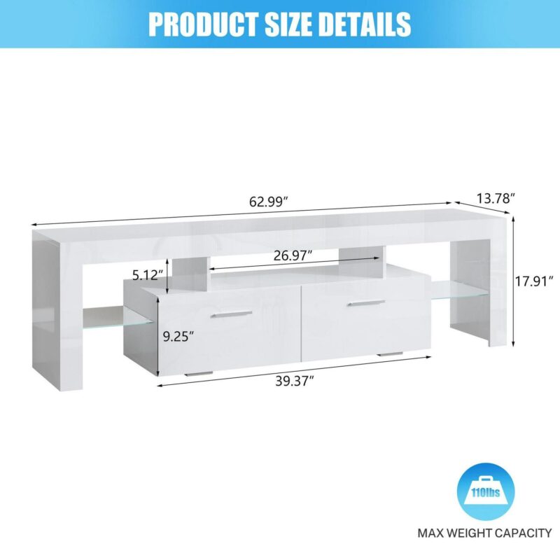 PAPROOS TV Stand for TVs up to 70 , High Gloss TV Cabinet with LED Light, Modern TV Console Table with Storage Drawers, Media Television Stand Entertainment Center, White - Image 10