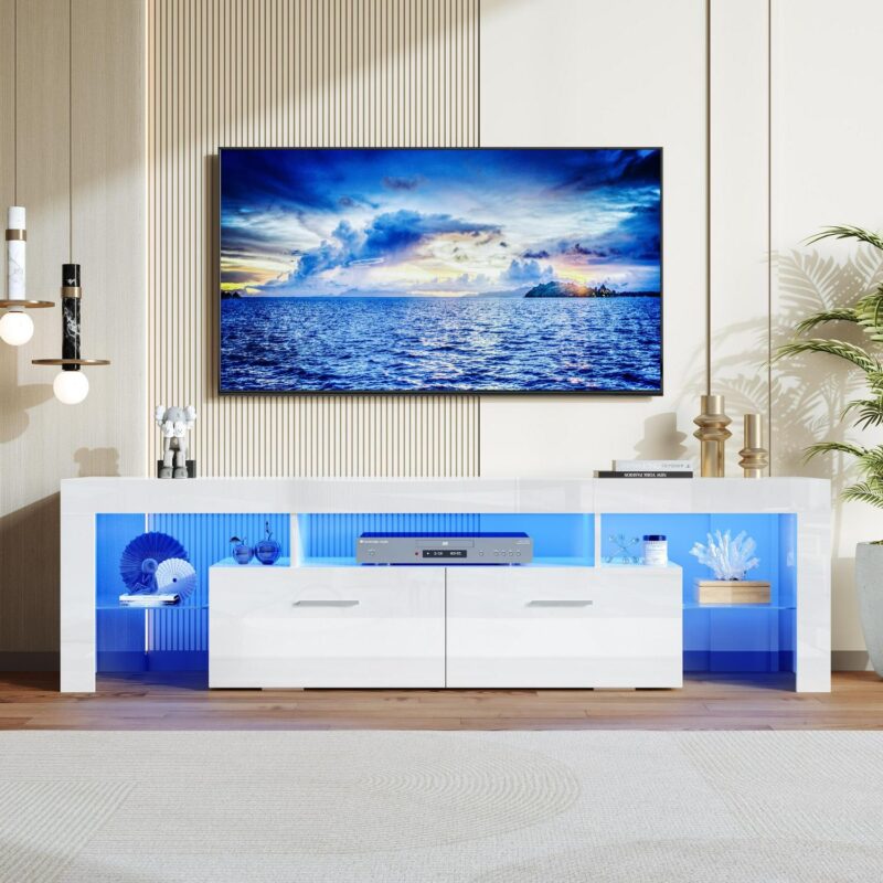 PAPROOS TV Stand for TVs up to 70 , High Gloss TV Cabinet with LED Light, Modern TV Console Table with Storage Drawers, Media Television Stand Entertainment Center, White - Image 9