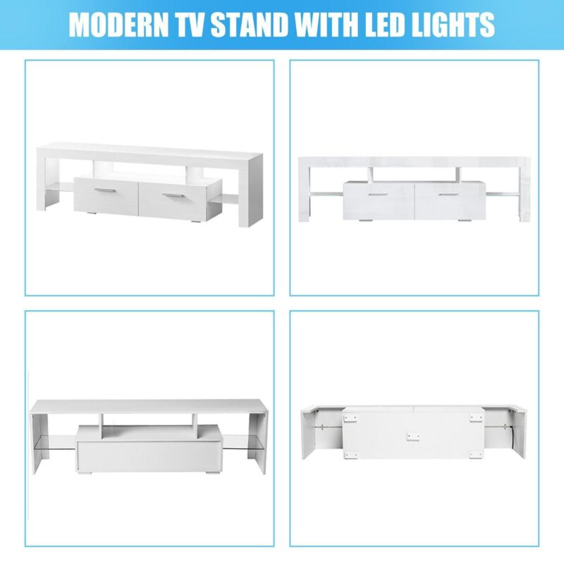 PAPROOS TV Stand for TVs up to 70 , High Gloss TV Cabinet with LED Light, Modern TV Console Table with Storage Drawers, Media Television Stand Entertainment Center, White - Image 8