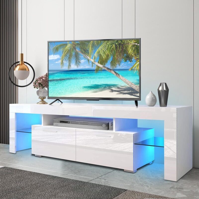 PAPROOS TV Stand for TVs up to 70 , High Gloss TV Cabinet with LED Light, Modern TV Console Table with Storage Drawers, Media Television Stand Entertainment Center, White