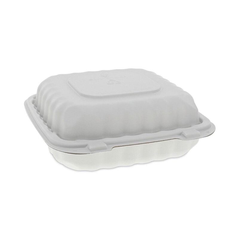 Pactiv Corp. YCN808030000 EarthChoice SmartLock 8.31 in. x 8.35 in. x 3.1 in. Microwaveable MFPP 3-Compartment Hinged Lid Containers - White (200/Carton) - Image 2