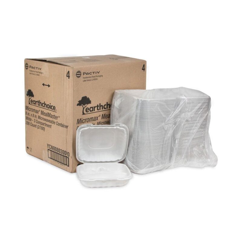 Pactiv Corp. YCN808030000 EarthChoice SmartLock 8.31 in. x 8.35 in. x 3.1 in. Microwaveable MFPP 3-Compartment Hinged Lid Containers - White (200/Carton) - Image 4