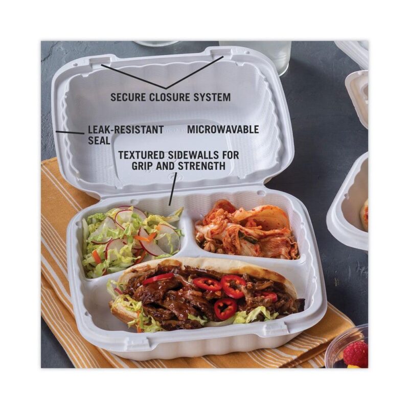 Pactiv Corp. YCN808030000 EarthChoice SmartLock 8.31 in. x 8.35 in. x 3.1 in. Microwaveable MFPP 3-Compartment Hinged Lid Containers - White (200/Carton) - Image 6