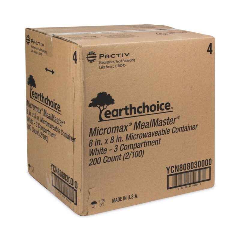 Pactiv Corp. YCN808030000 EarthChoice SmartLock 8.31 in. x 8.35 in. x 3.1 in. Microwaveable MFPP 3-Compartment Hinged Lid Containers - White (200/Carton) - Image 5