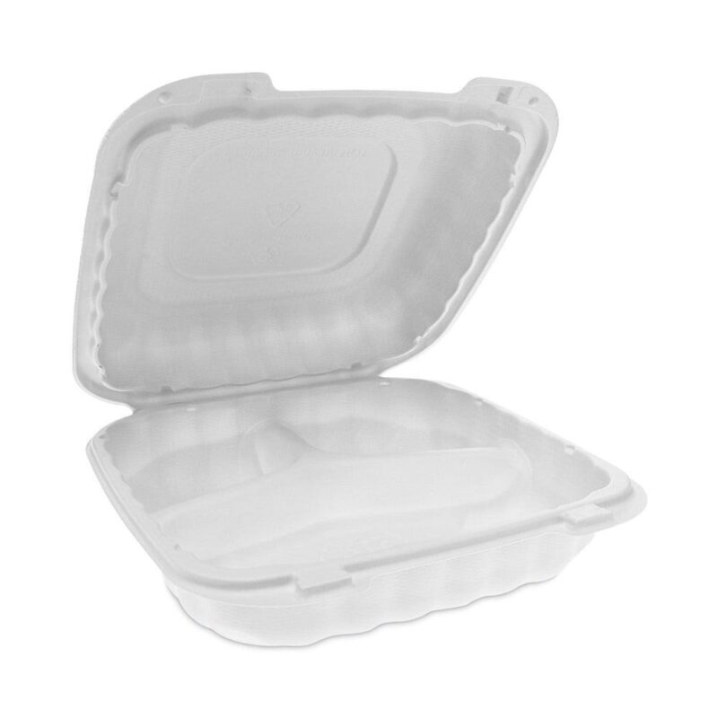 Pactiv Corp. YCN808030000 EarthChoice SmartLock 8.31 in. x 8.35 in. x 3.1 in. Microwaveable MFPP 3-Compartment Hinged Lid Containers - White (200/Carton)