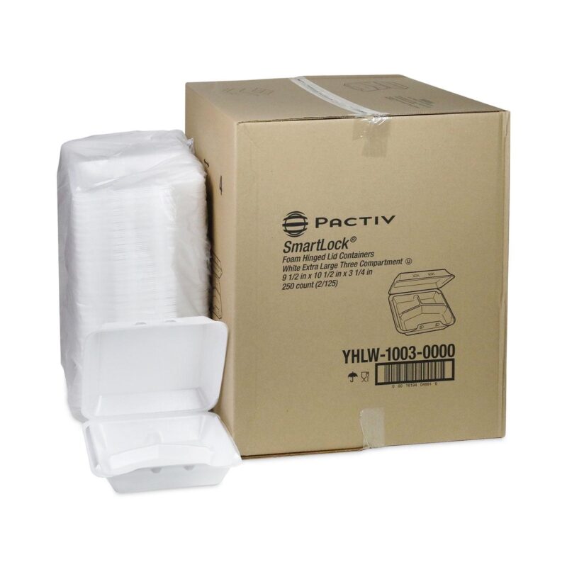 Pactiv Corp. YHLW10030000 SmartLock 9.5 in. x 10.5 in. x 3.25 in. 3-Compartment Hinged Foam Containers - X-Large, White (250/Carton) - Image 6