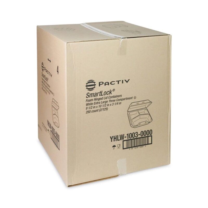 Pactiv Corp. YHLW10030000 SmartLock 9.5 in. x 10.5 in. x 3.25 in. 3-Compartment Hinged Foam Containers - X-Large, White (250/Carton) - Image 4