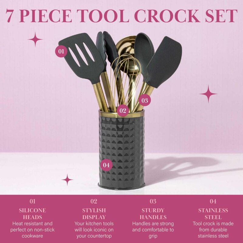 Paris Hilton 7-Piece Cooking Utensils Set, Silicone and Stainless Steel, Gray - Image 3