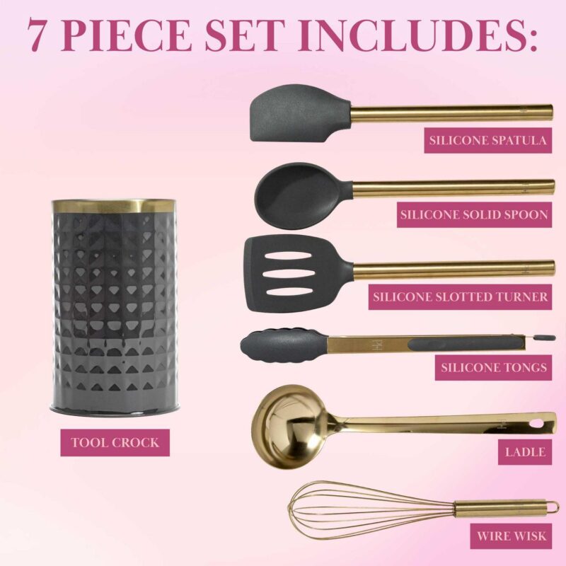 Paris Hilton 7-Piece Cooking Utensils Set, Silicone and Stainless Steel, Gray - Image 4