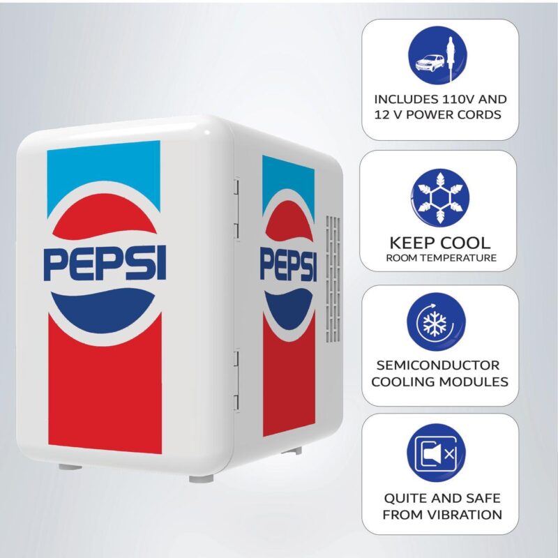 Pepsi, 6 Can Mini Personal Fridge Cooler, Up to 20A F with 12V Car Adaptor, White - Image 5