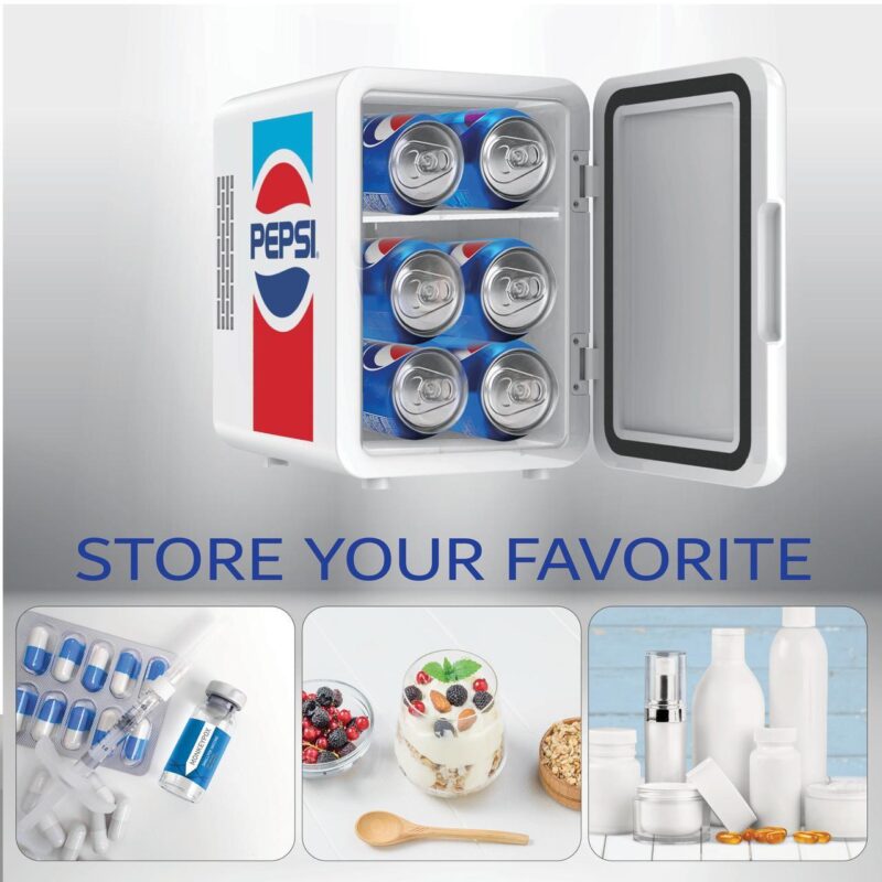 Pepsi, 6 Can Mini Personal Fridge Cooler, Up to 20A F with 12V Car Adaptor, White - Image 6
