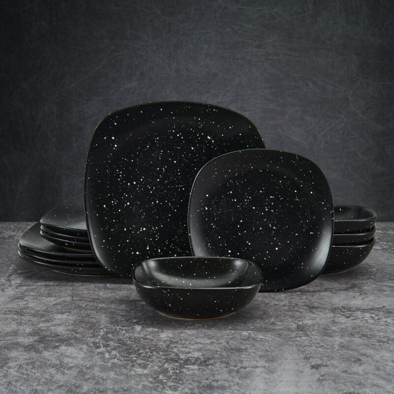 Pfaltzgraff Stella 12-piece Stoneware Square Dinnerware Set in Black Speckle Glaze - Image 3