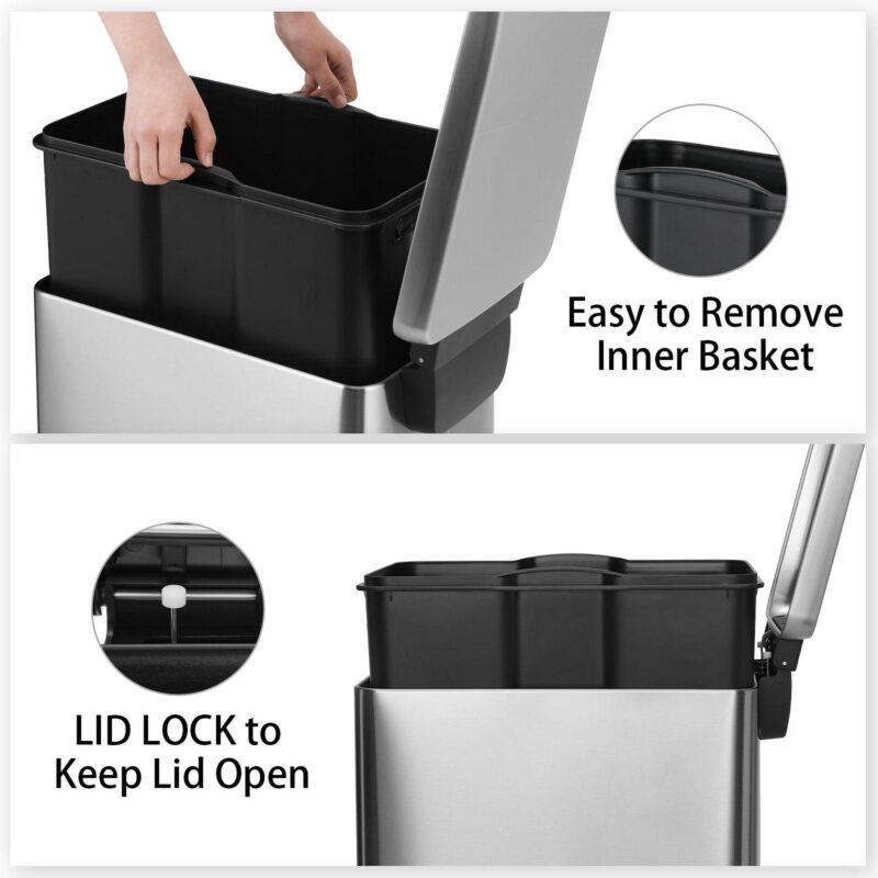Pirecart 13.2 gal Trash Can, Stainless Steel Step on Slim Kitchen Garbage Can - Image 9