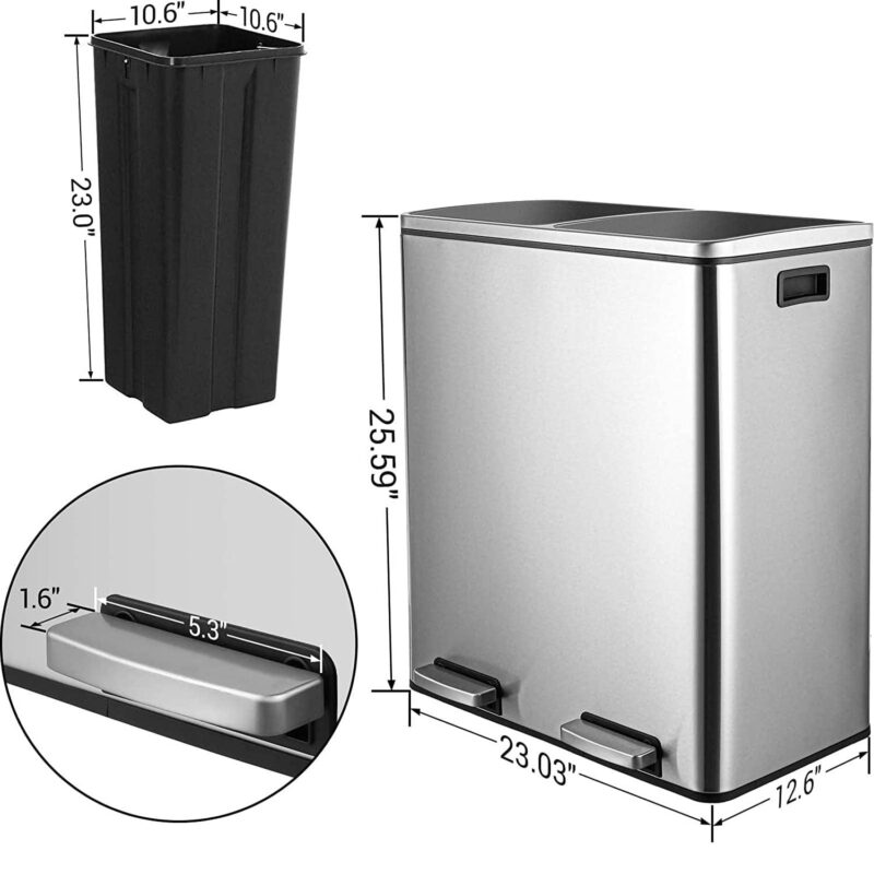 Pirecart 16 Gallon Dual Trash Can Stainless Steel Kitchen Garbage Can Step Recycle Bin - Image 5