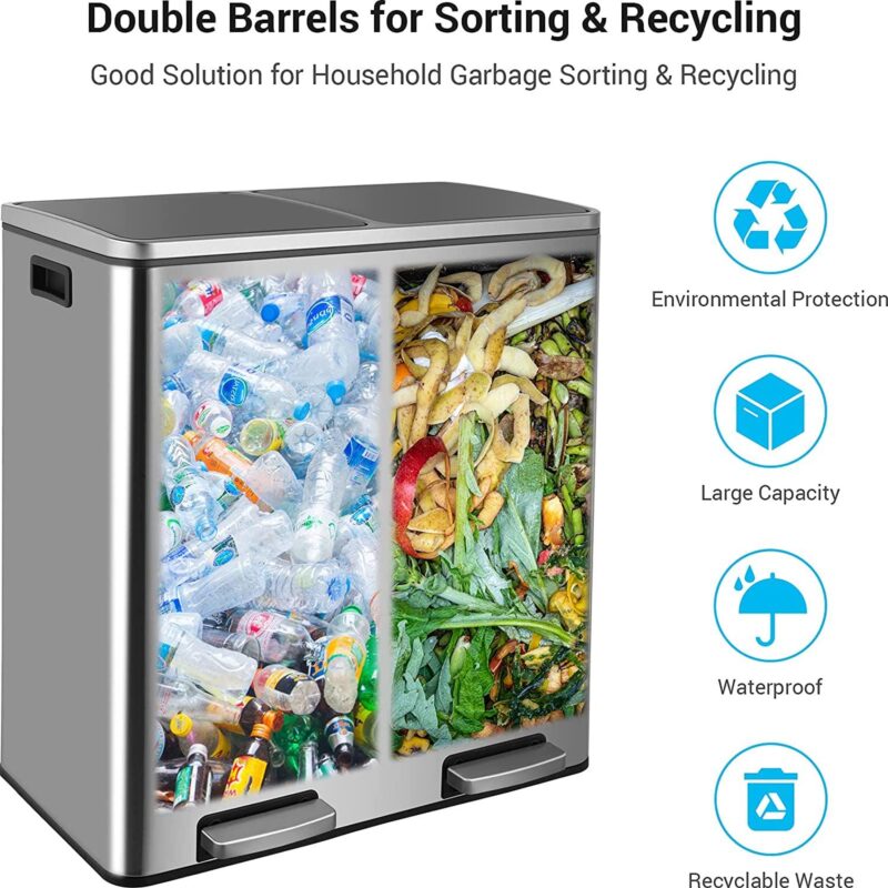 Pirecart 16 Gallon Dual Trash Can Stainless Steel Kitchen Garbage Can Step Recycle Bin - Image 6