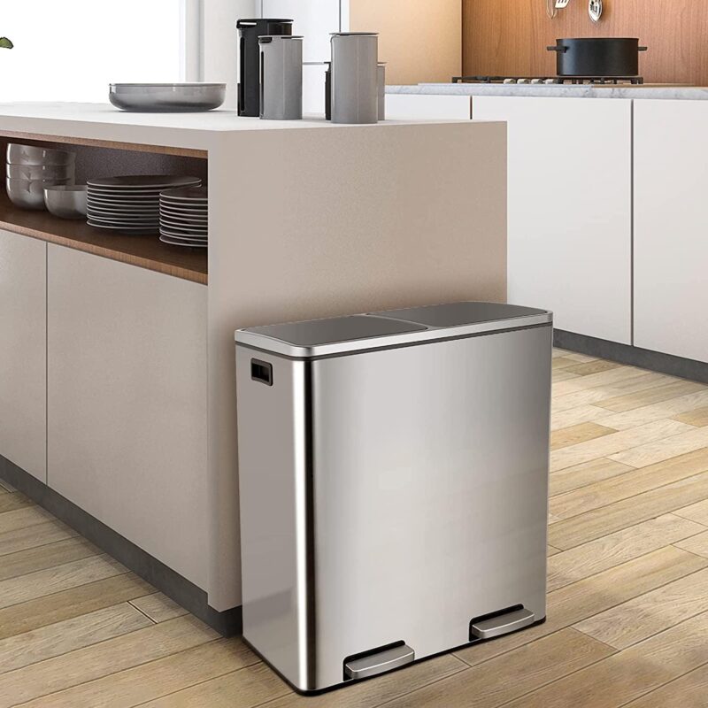 Pirecart 16 Gallon Dual Trash Can Stainless Steel Kitchen Garbage Can Step Recycle Bin - Image 4