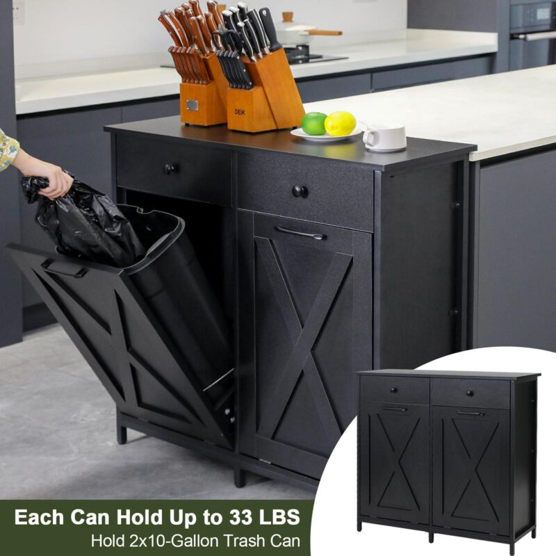 Pirecart 20 Gallon Double Tilt Out Trash Cabinet Wood Hidden Storage Cabinet, Recycling Cabinet with 2 Drawers - Image 5
