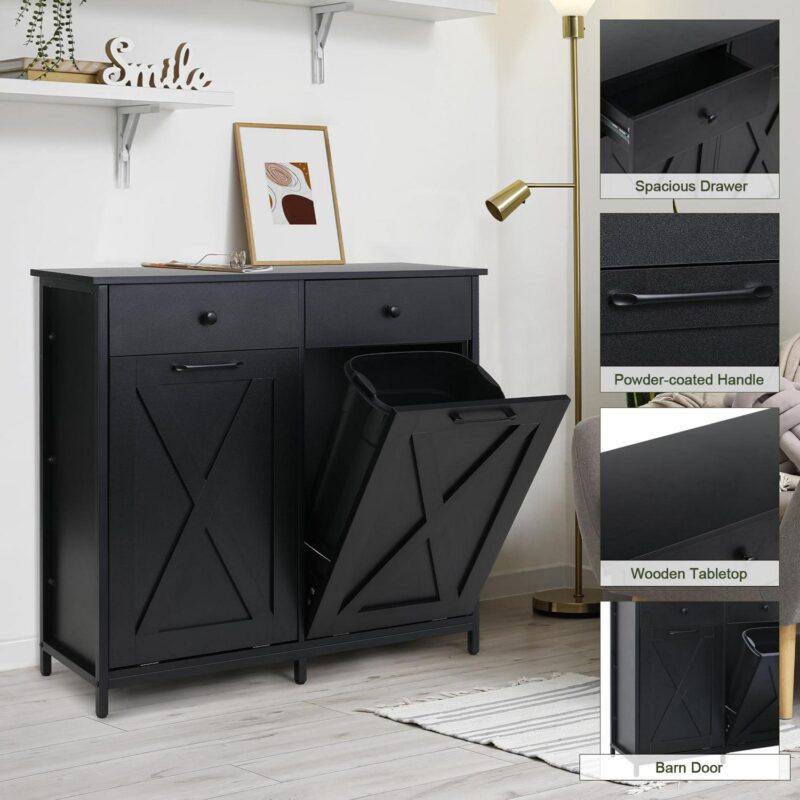 Pirecart 20 Gallon Double Tilt Out Trash Cabinet Wood Hidden Storage Cabinet, Recycling Cabinet with 2 Drawers - Image 4