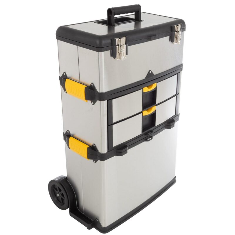 Portable Tool Box with Wheels Stainless-Steel Stackable 3-Part Tool Chest Extendable Handle and Tough Latches on the Mobile Tool Box by Stalwart