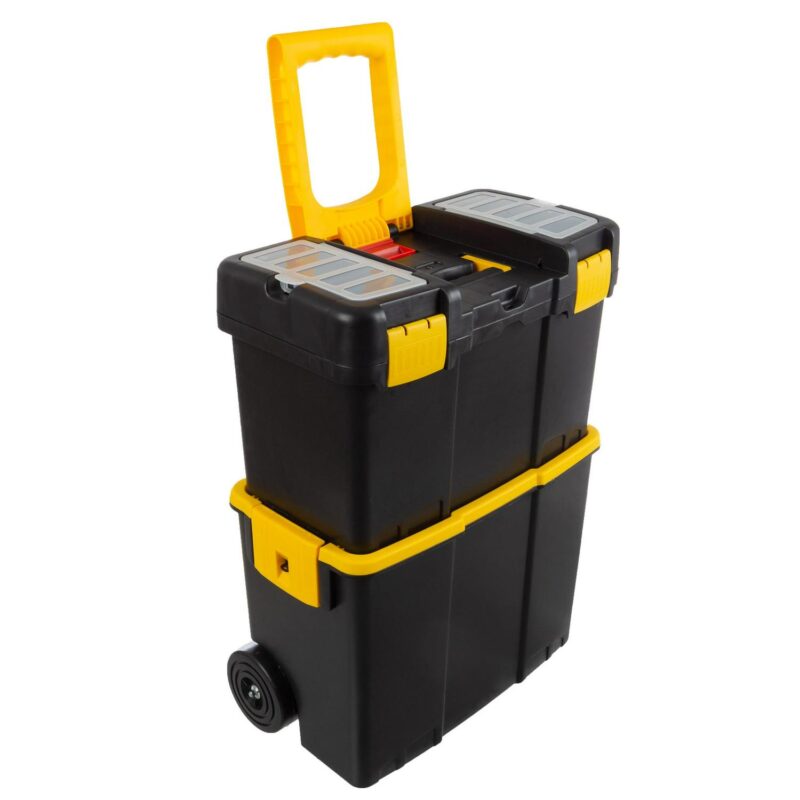 Portable Tool Box with Wheels - Stackable 2-in-1 Tool Chest - Foldable Comfort Handle and Tough Latches on the Mobile Tool Box by Stalwart