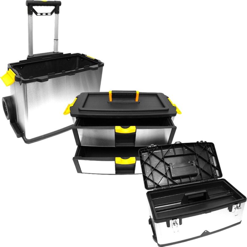 Portable Tool Box with Wheels Stainless-Steel Stackable 3-Part Tool Chest Extendable Handle and Tough Latches on the Mobile Tool Box by Stalwart - Image 3