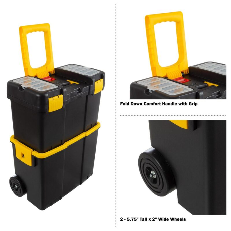 Portable Tool Box with Wheels - Stackable 2-in-1 Tool Chest - Foldable Comfort Handle and Tough Latches on the Mobile Tool Box by Stalwart - Image 4