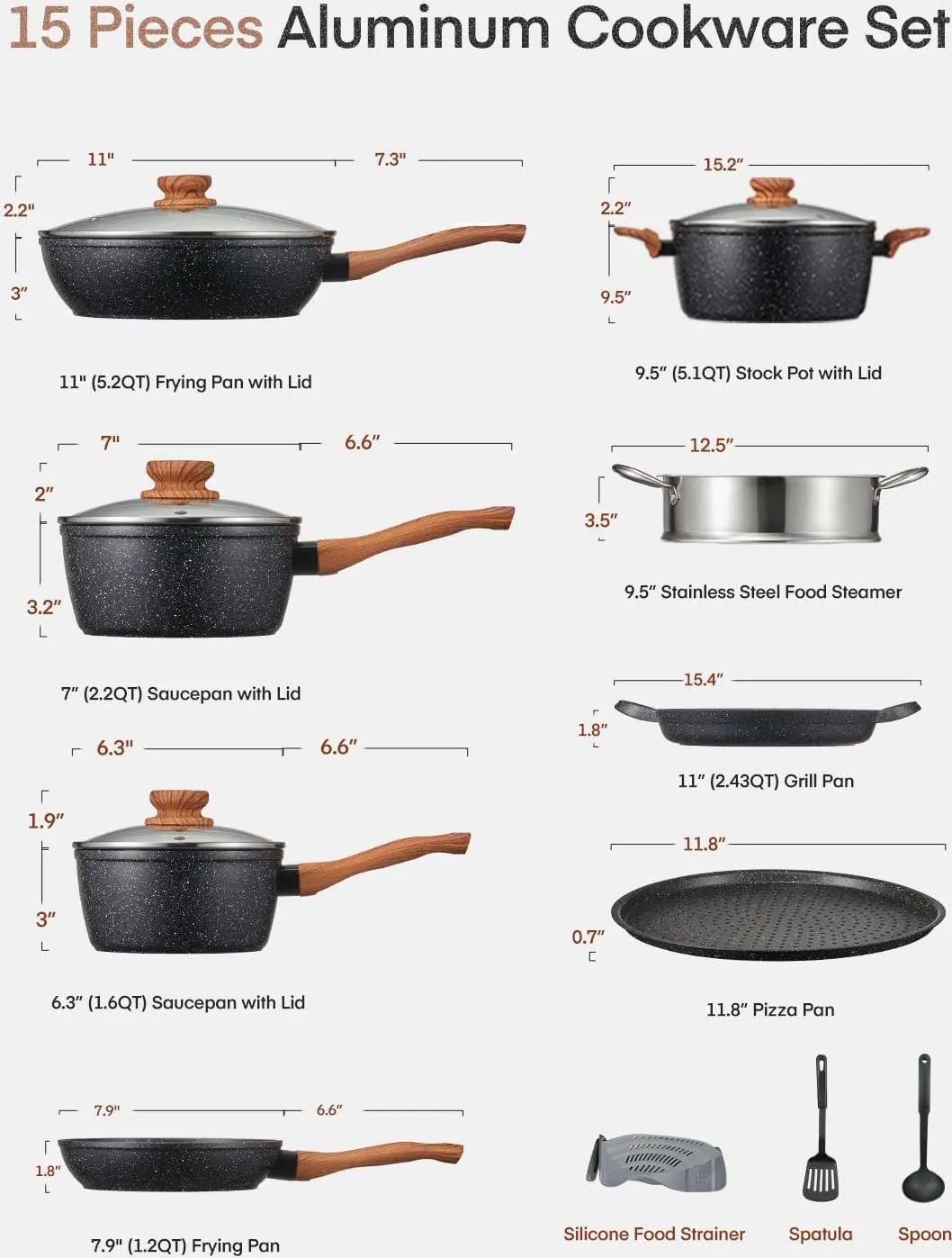 Pots and Pans Set with Lids 15 Pcs, Aluminum Nonstick Induction Cookware Sets 6 Pots and Pans Set with Lids 15 Pcs, Aluminum Nonstick Induction Cookware Sets - Image 6