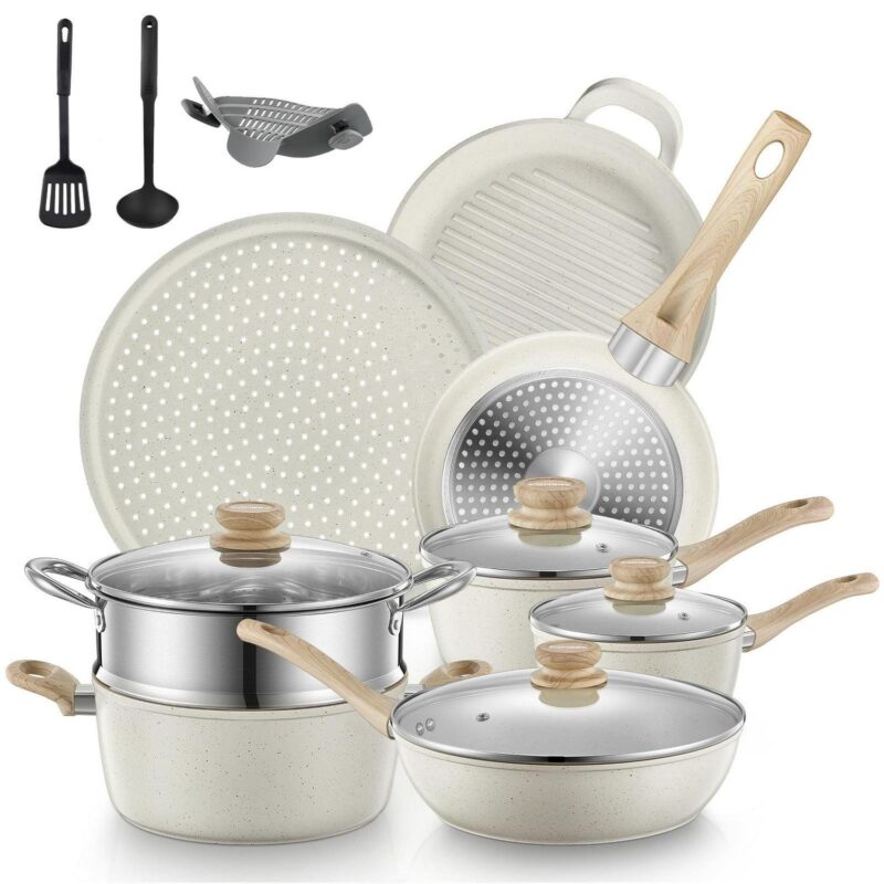 Pots and Pans Set with Lids 15 Pcs, Aluminum Nonstick Induction Cookware Sets, Beige