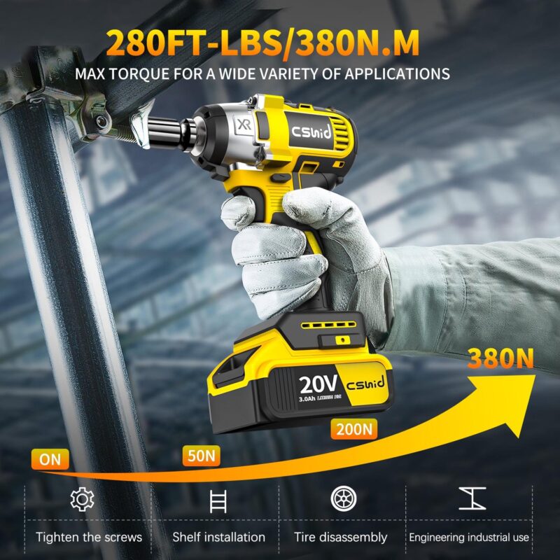 Power Cordless Impact Wrench 1/2 , 20V Impact Brushless Motor with 2 x 3.0A Batteries, 2-Mode Speed and Max Torque 280 ft lbs (380N.m), Power Impact Wrench with 5 Sockets,8 Drill,6 Screws for Home Car - Image 4