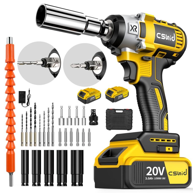 Power Cordless Impact Wrench 1/2 , 20V Impact Brushless Motor with 2 x 3.0A Batteries, 2-Mode Speed and Max Torque 280 ft lbs (380N.m), Power Impact Wrench with 5 Sockets,8 Drill,6 Screws for Home Car