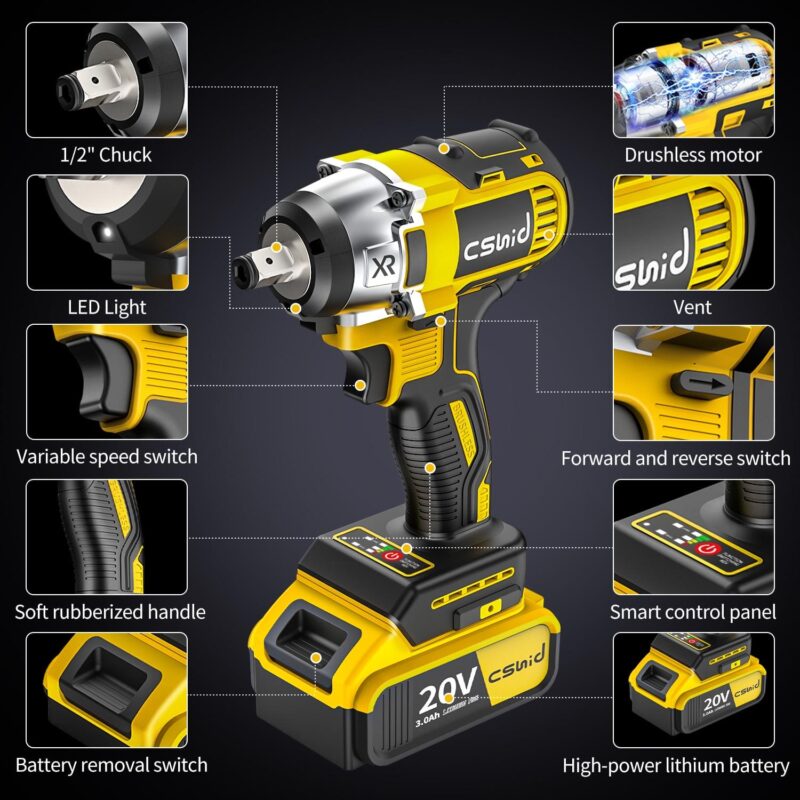 Power Cordless Impact Wrench 1/2 , 20V Impact Brushless Motor with 2 x 3.0A Batteries, 2-Mode Speed and Max Torque 280 ft lbs (380N.m), Power Impact Wrench with 5 Sockets,8 Drill,6 Screws for Home Car - Image 2