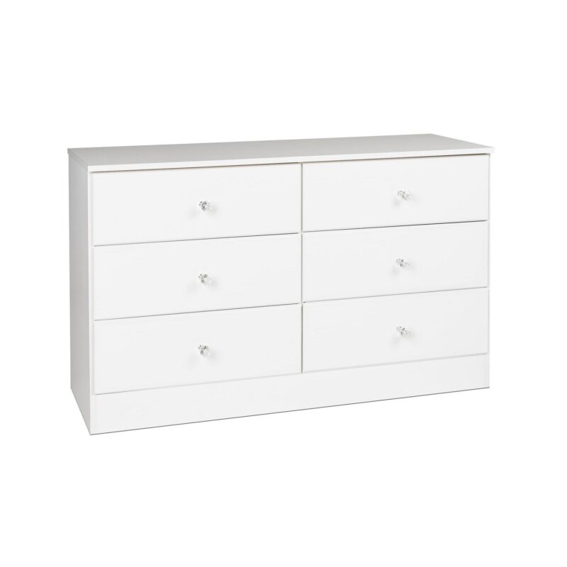 Prepac Astrid 6 Drawer Wooden Dresser with Crystal Knobs, 16  x 47.25  x 28.25 , White
