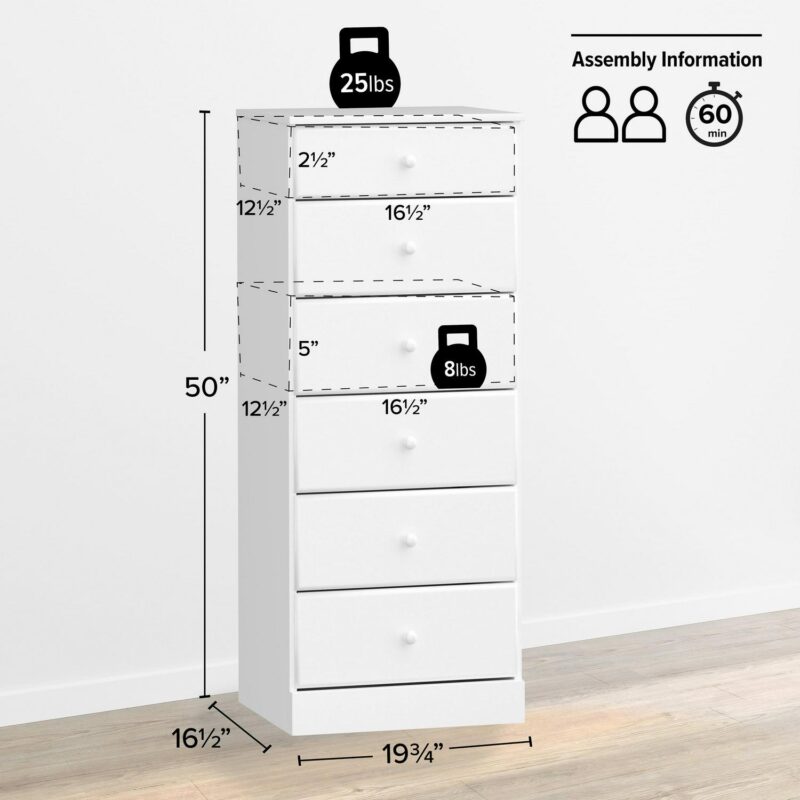 Prepac Astrid Tall White Dresser: 16.5 D x 19.75 W x 50 H, 6-Drawer Chest for Bedroom by Prepac - Perfect Chest of Drawers for Ample Storage - Image 4