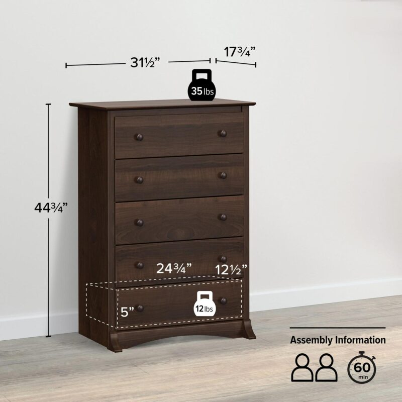 Prepac Fremont Espresso 5-Drawer Chest Dresser for Bedroom for Kids and Adults, 17.75 Dx31.5 Wx44.75 H - Image 4