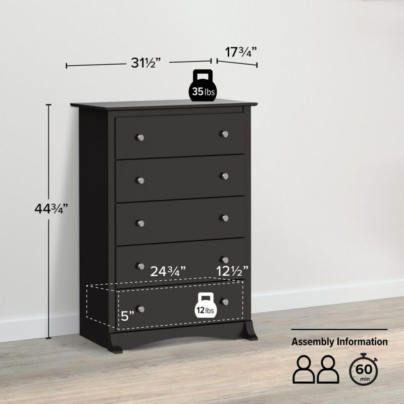Prepac Sonoma Superior 5-Drawer Chest for Bedroom - Spacious and Stylish Chest of Drawers, Measuring 17.75 D x 31.5 W x 44.75 H, In Black Finish - Image 4