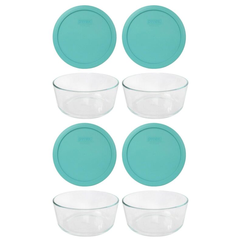 Pyrex (4) 7203 7-Cup Clear Glass Storage Bowls and (4) 7402-PC Turquoise Plastic Lids