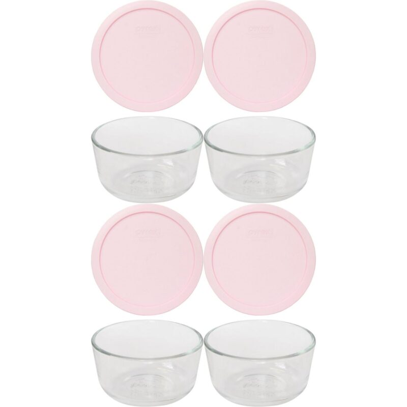 Pyrex (4) 7203 7-Cup Glass Food Storage Bowls and (4) 7402-PC Loring Pink Plastic Lids