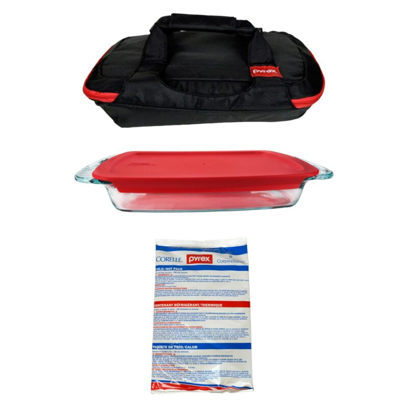 Pyrex 4-Piece Tote Bundle with Bakeware, Red Lid, and Hot/Cold Pack