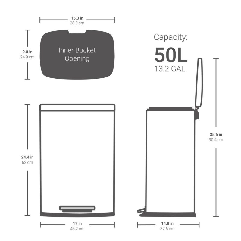 Qualiazero 13.2 Gallon and 3.2 Gallon Trash Can Combo, Rectangular Shape Step Can Combo - Matte Gray - Image 5