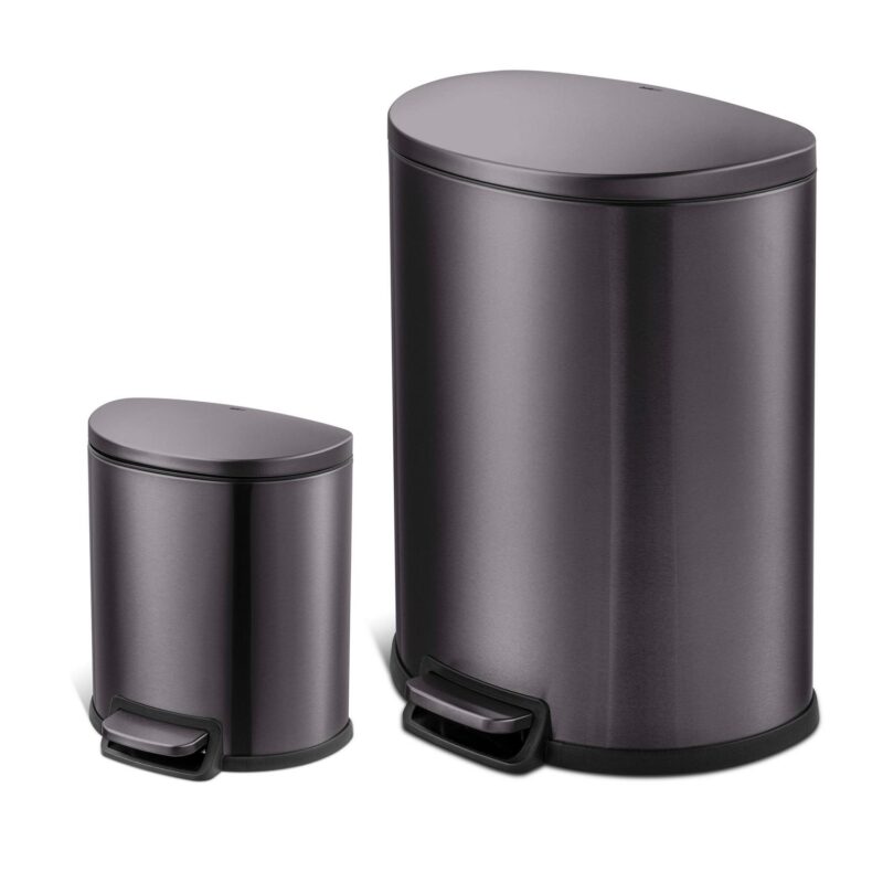 Qualiazero 13.2 and 1.6 Gallon Trash Can Combo, D-Shape Step On Kitchen and Bathroom Trash Can, Black Stainless Steel