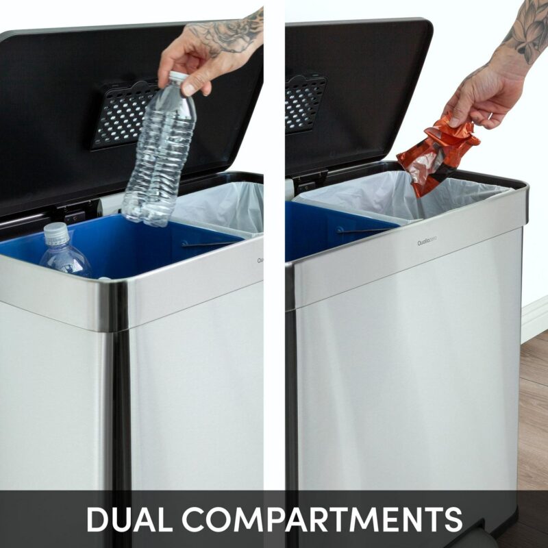 Qualiazero 16 Gallon Trash Can, 8 Gallon Dual Compartment Step On Kitchen Trash Can, Stainless Steel - Image 3
