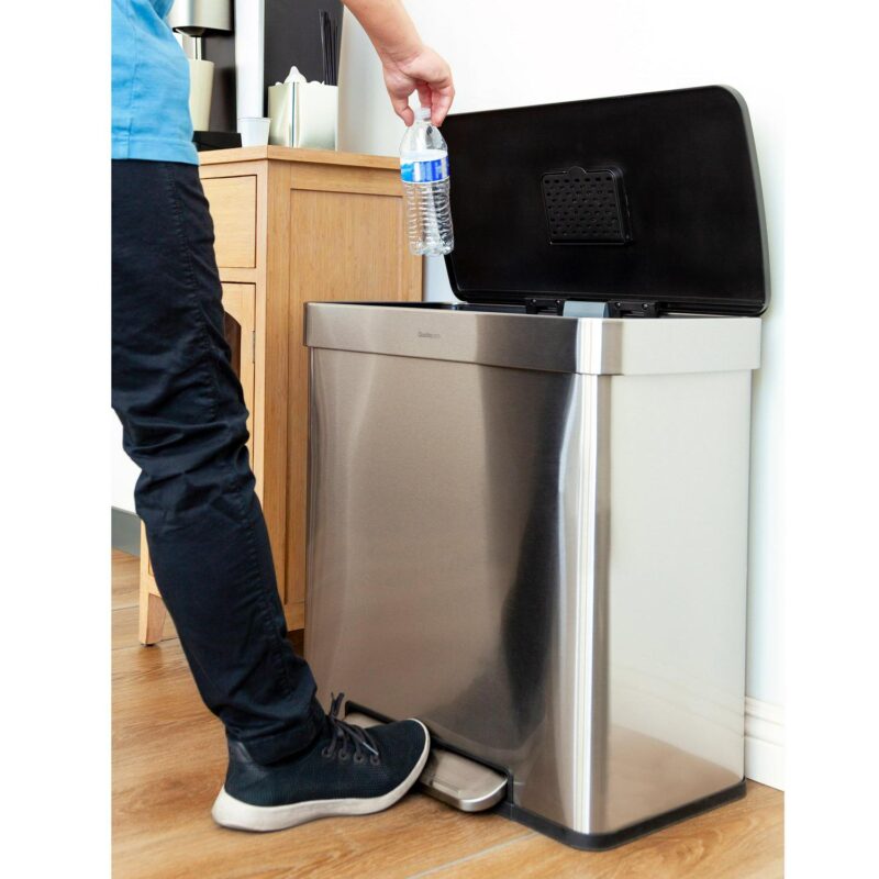 Qualiazero 16 Gallon Trash Can, 8 Gallon Dual Compartment Step On Kitchen Trash Can, Stainless Steel - Image 5