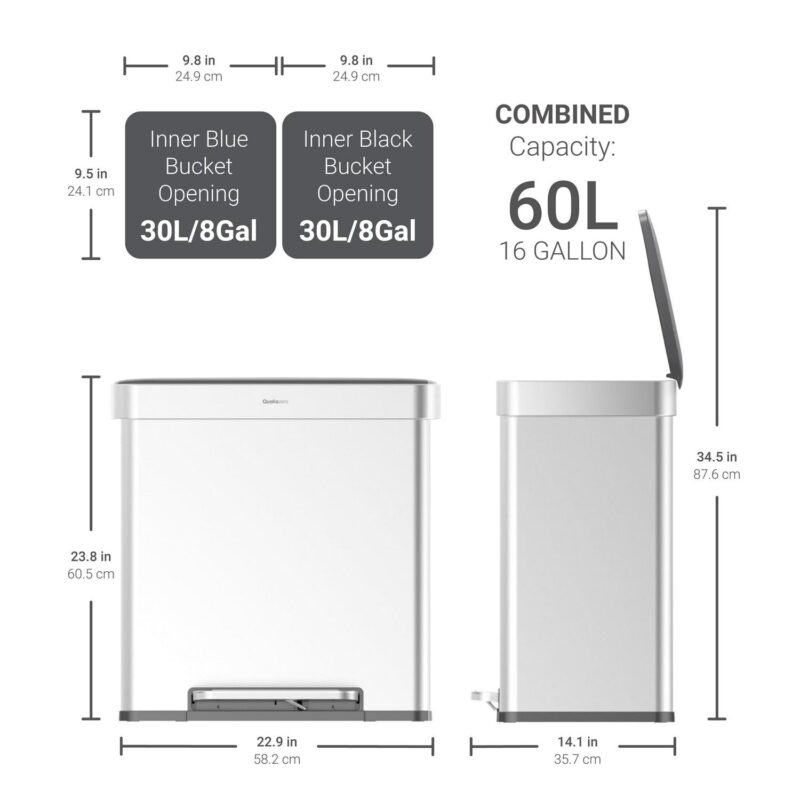 Qualiazero 16 Gallon Trash Can, 8 Gallon Dual Compartment Step On Kitchen Trash Can, Stainless Steel - Image 10
